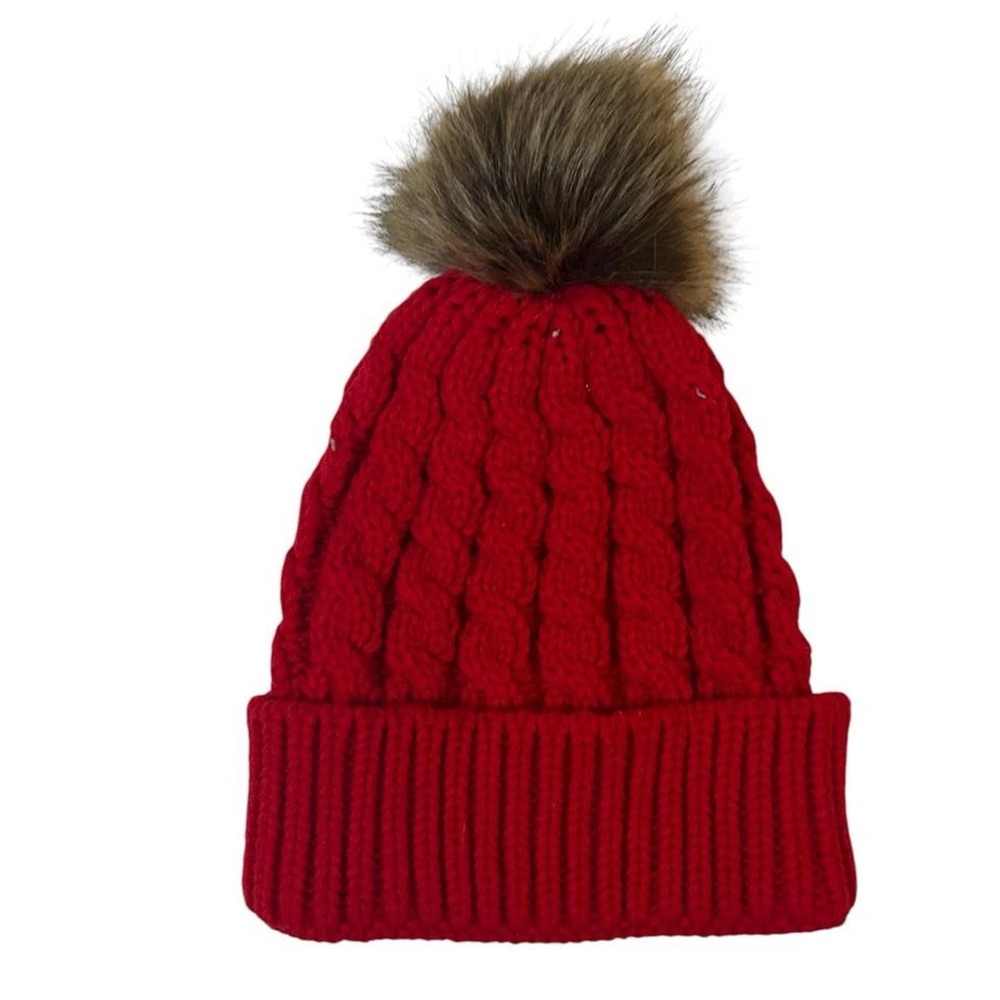 Red Cable Knit Pom Beanie Cabincore Forest Grunge One Size